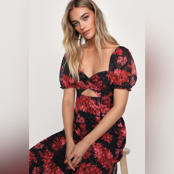 Lulus Red Black Floral Midi Puff Sleeve Dress Dark Romantic Cocktail Sheer L - Picture 2 of 10
